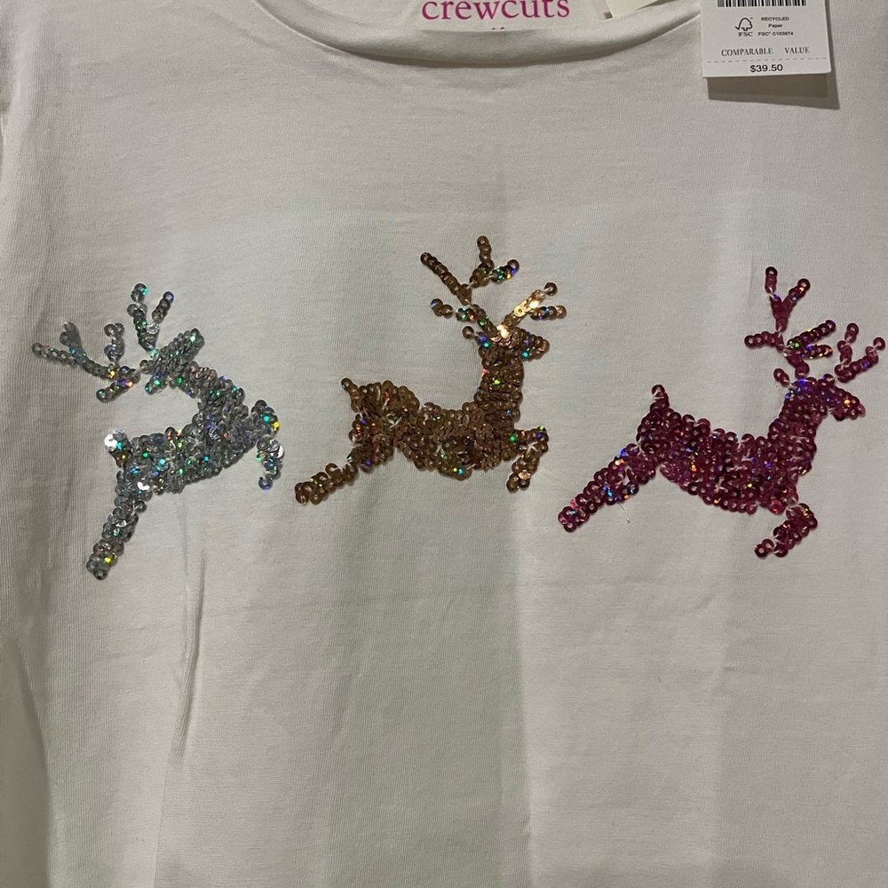 J Crew crewcuts size XL (12-14) sequin reindeer holiday long sleeve t-shirt, NWT - Picture 2 of 7